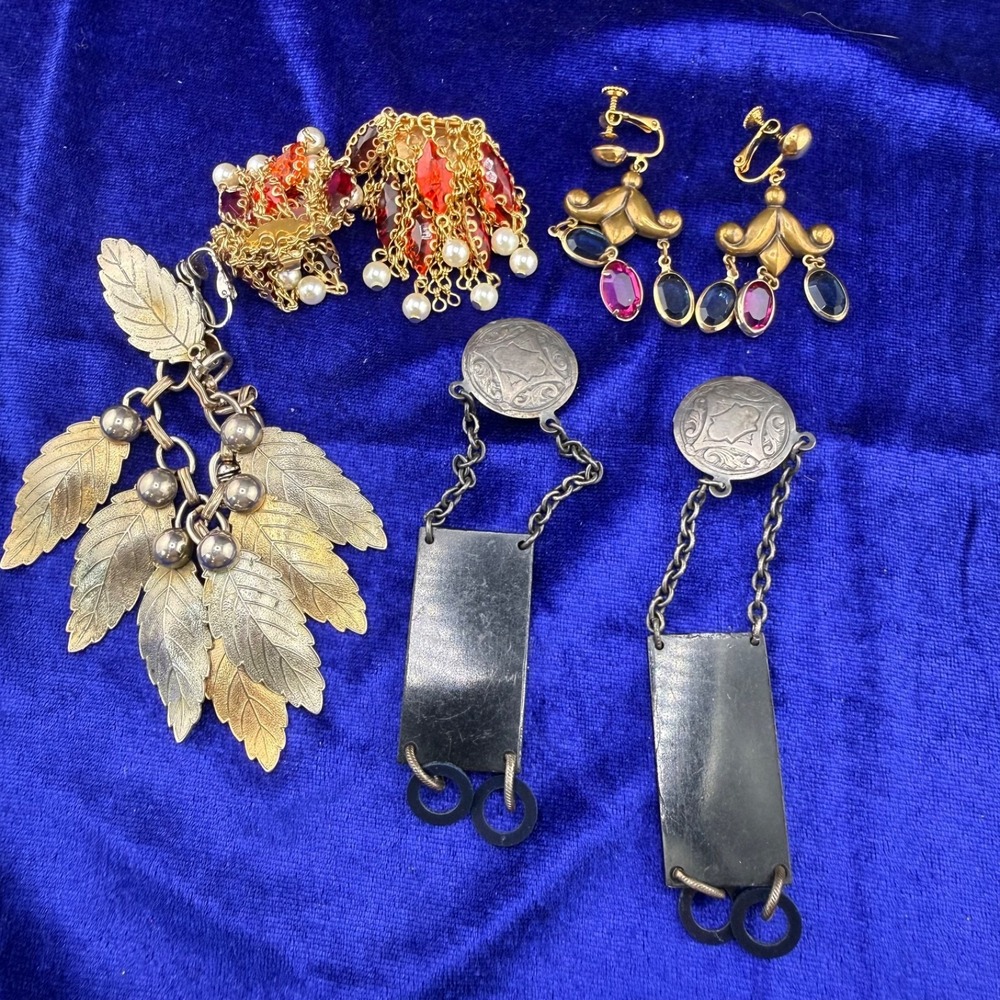 Vintage Estate Clip On Earrings Lot Multi Leaf Rhinestone Pearl‎ Retro 25484